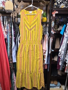 Prana Yellow and Pink Striped Sleeveless Maxi Dress